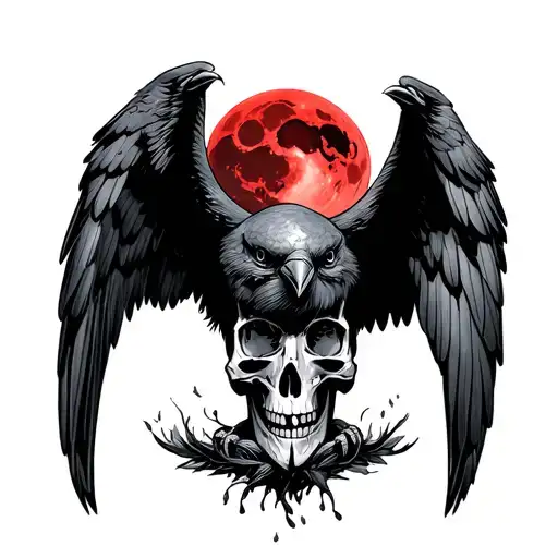 Traditional Style Raven With Open Wings On A Skull In Front Of A Blood Moon