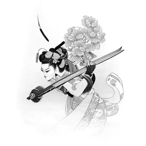 Geisha Katana With A Kimono Con Detalles En Lineas Rojas