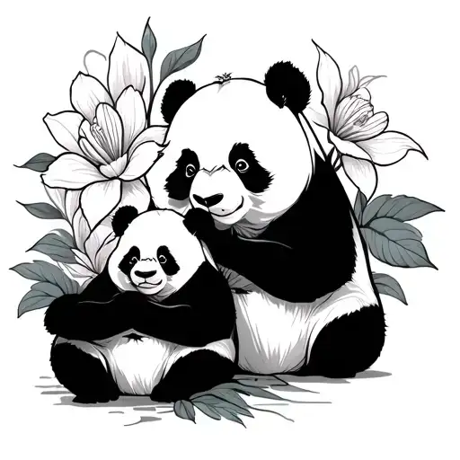 Two Panda And Loto Flower Blooming