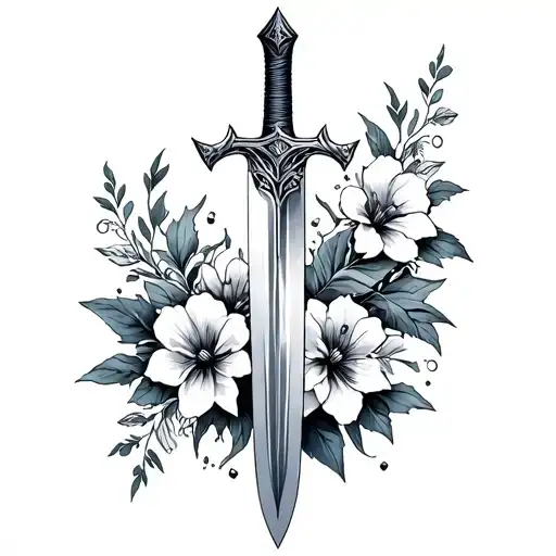 Full Sleeve With Sword And Flowers Specifically Iris