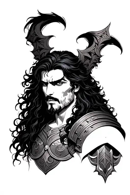 Hades Wearing Greek Armor Tattoo With Long Black Hair