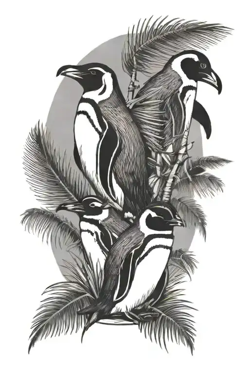 Penguins Under Palm Trees In The Background