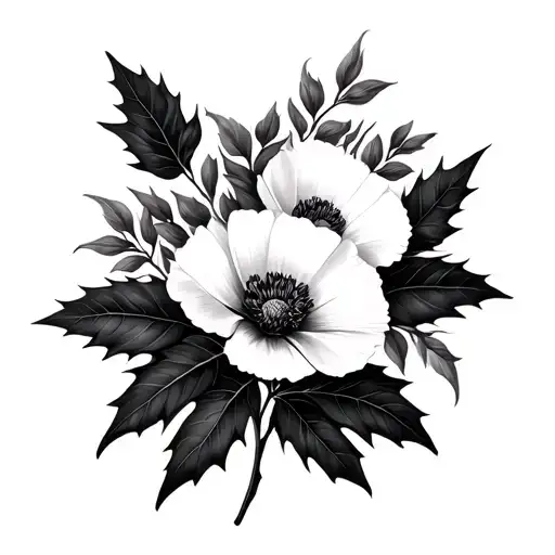 Holly And Poppy Flowers Large Black Leaves