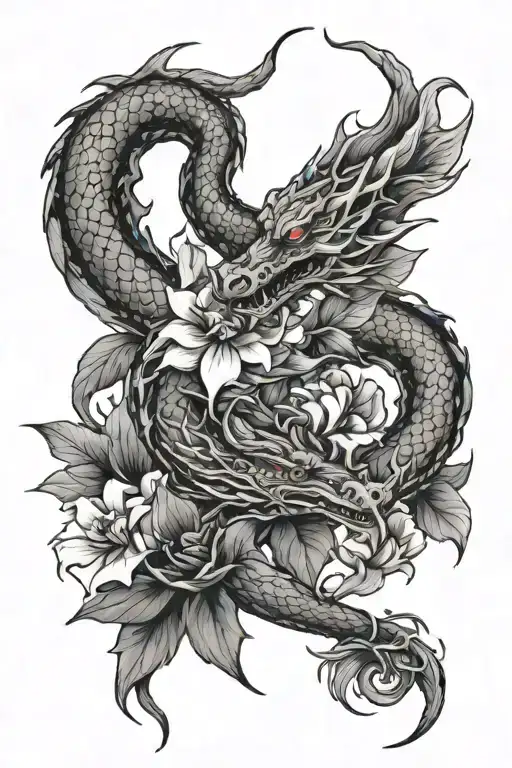 Dragon And Flowers Intertwined