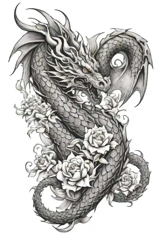 Dragon And Flowers Intertwined