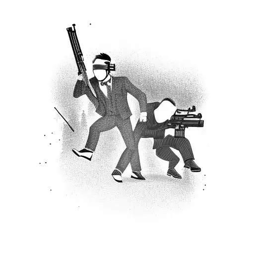 Two Men In Suits With Ski Masks And Guns With Floral Background
