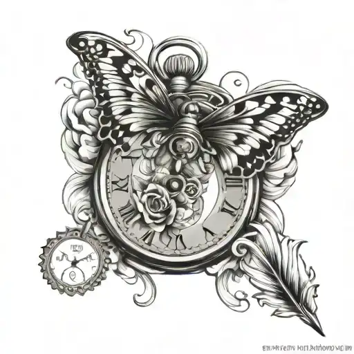 Pocket Watch Butterfly Rose Feather