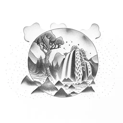 A Nature Scene With A Waterfall And Animals In Dotwork Style