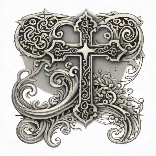 Cross And Water And Filigree On Forearm