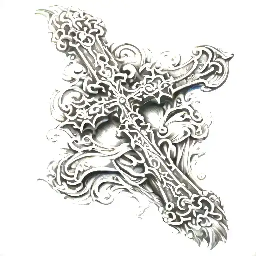 Cross And Water And Filigree On Forearm Sleeve