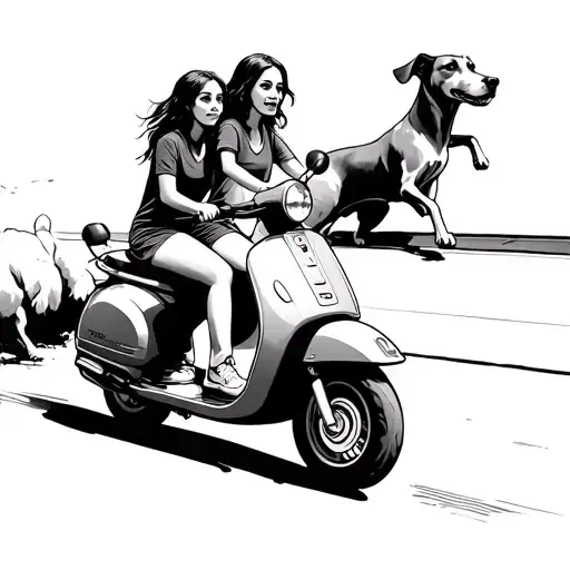 Create A Tattoo Of Two Girls On A Scooter Chased By 2 Dogs Minimalist One Line