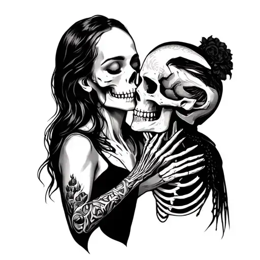 Traditonal Tattoo Of Women Grabbing A Skeleton Mans Face To Go In For A Kiss