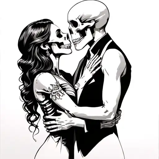 Traditonal Tattoo Of Women Grabbing A Skeleton Man In A Suits By The Face To Kiss Him But He Is Shy