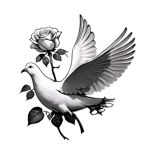 White Dove Carrying A Large Rose In Its Beak