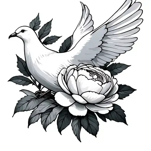 White Dove Carrying A Peony In Its Beak
