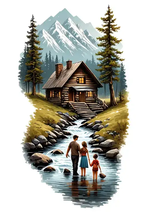 Cabin In The Mountains With A Stream With Family Father Daughter Daughter Son Mother