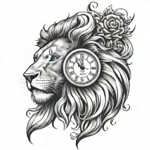 Clock And Lion Head With Blue Eyes Looking