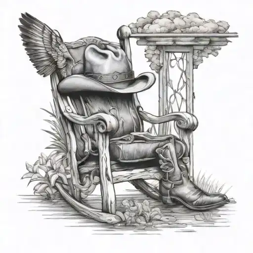 Rocking Chair With Cowboy Hat Cowboy Boots And A Hummingbird Overlooking A Pond And Country Scene
