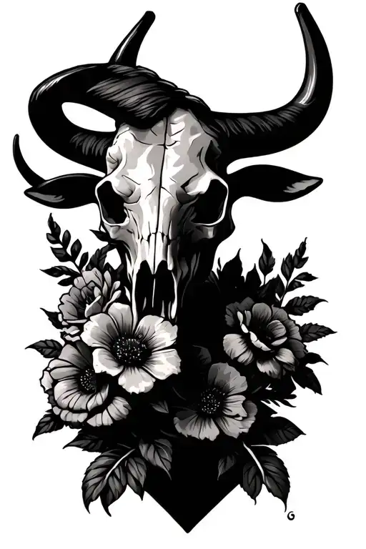 Fine Line Flowers And Bull Skull