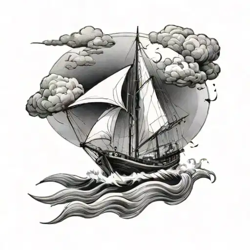 A Small Boat With White Sails And Black Clouds In The Background