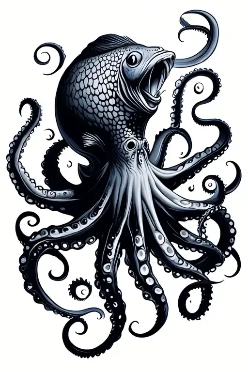 Silhouette Of Fishes On A Octopus