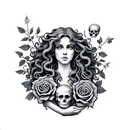 Pretty Medusa Holding A Stone Head Surrounded By Greek Mythology And Skulls Roses