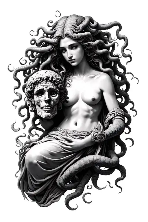 Realistic Pretty Medusa Holding A Stone Head Surrounded By Greek Mythology For A Leg Sleeve
