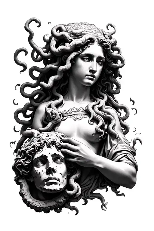 Realistic Medusa Holding A Stone Head Surrounded By Greek Mythology For A Leg Sleeve