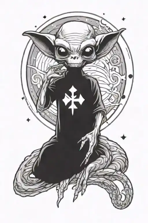 An Alien Holding A Hakuma Symbol Under A Starry Sky