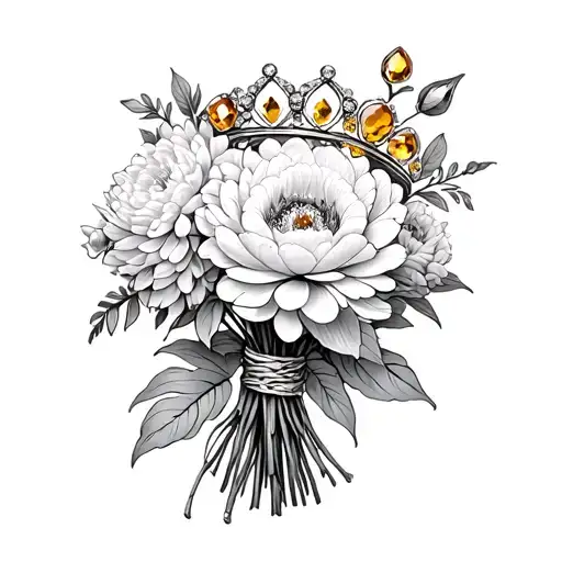 Chrysanthemum And Peony In A Bouquet Held By A Crown That Had Topaz And Citrine Stones