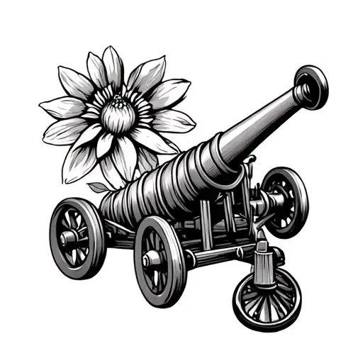 4 Wheel Cannon With A Chaconia Flower Above It And A Steel Pan Instrument Next To It Like A Sun