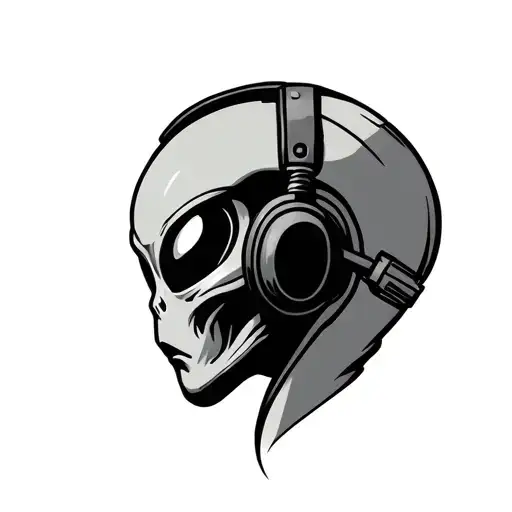 Alien Head Wearing Headphones Minimalist Tattoo Stencil