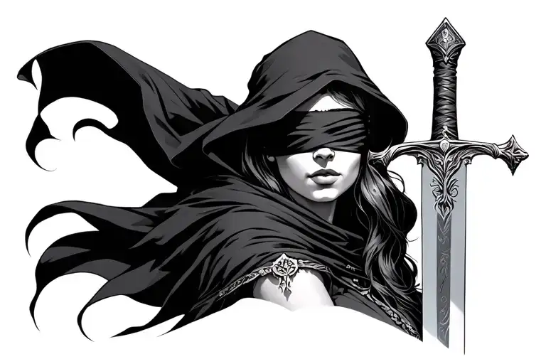 Woman With A Cloak And Sword With A Blindfold