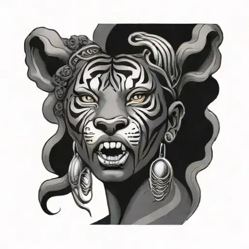 A Face Of An African Godess In The Mouth Of A Tiger