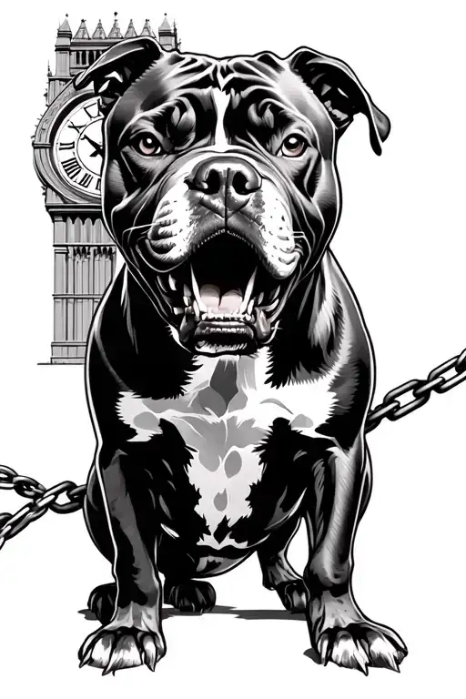 Angry Pit Bull Chained Infront Of A Clock Tower Black And Grey