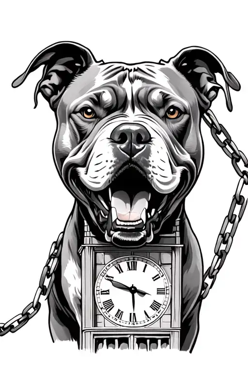 Angry Pit Bull Chained Infront Of A Clock Tower Black And Grey