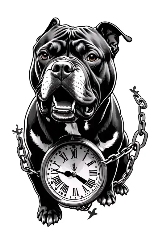 Angry Pit Bull Chained Infront Of A Clock Tower Black And Grey