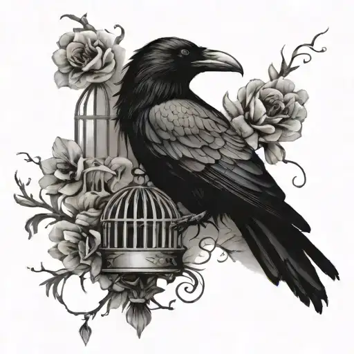 Raven Sitting On A Branch With A Cage And Flowers Intertwined