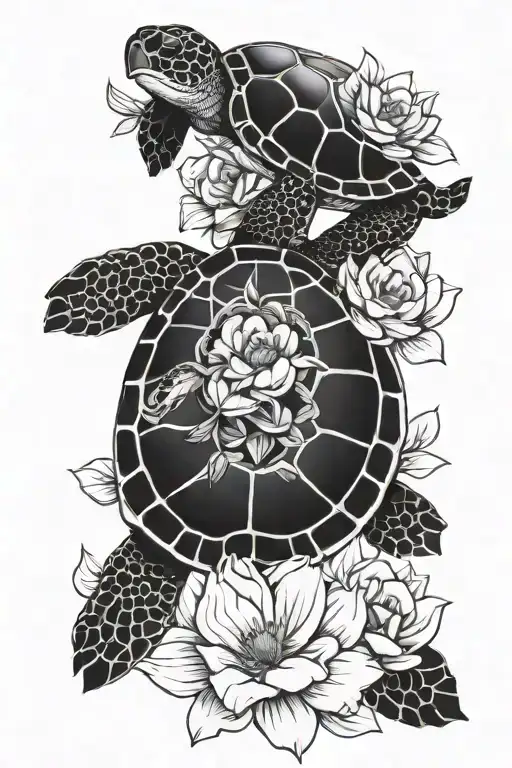 Turtle And Flowers Intertwined