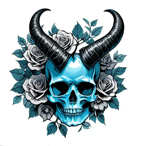 Blue Skull With Horns And Roses Growing