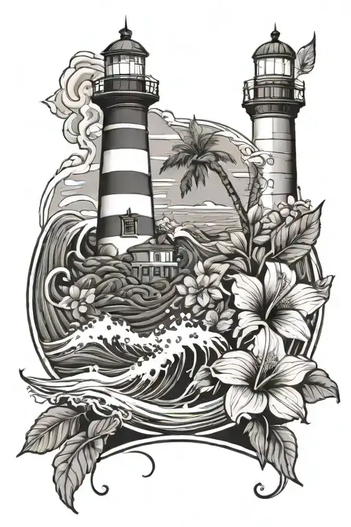 Lighthouse With Waves And Hibiscus Flowers