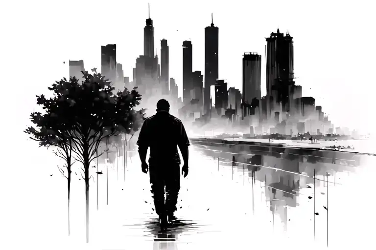 Sillhouette Of A Man Walking With A Clear Past Of Nature And A Blurry Future Of Cityscape