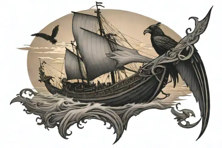Sunset Viking Longship With Ravens