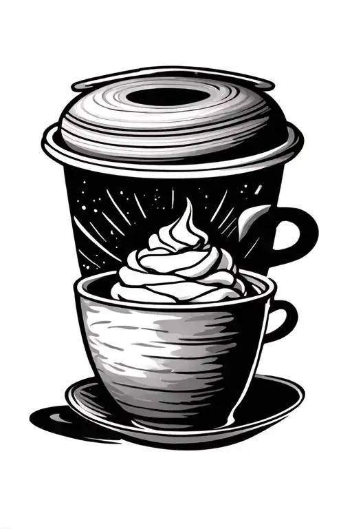 Tea Cup With Saturn And A To-go Coffee Cup With Whipped Cream In Tribal Style