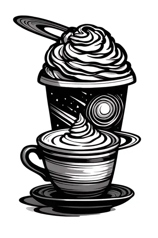 Tea Cup With Saturn And A To-go Coffee Cup With Whipped Cream In Tribal Style