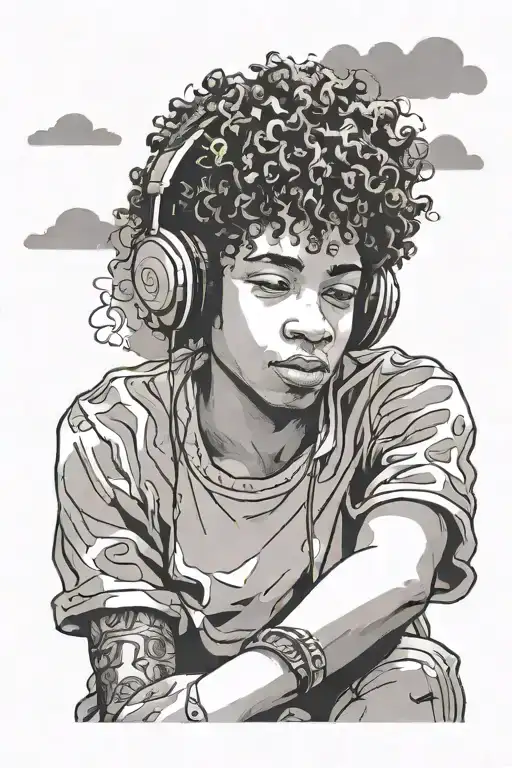 Curly Haired Black Boy Wearing Headphones Sitting On Roof Surrounded By Clouds