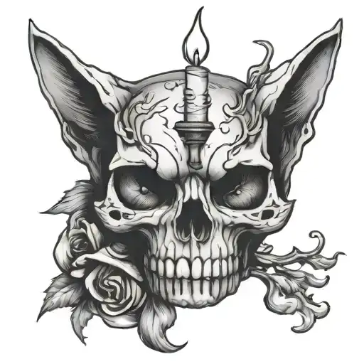Cat Skull With A Burning Candle On Top Of The Skull