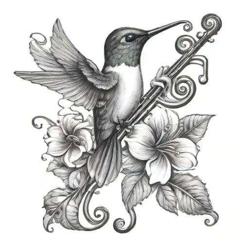 Hummingbird Accompanied By Treble Clef And Flowers