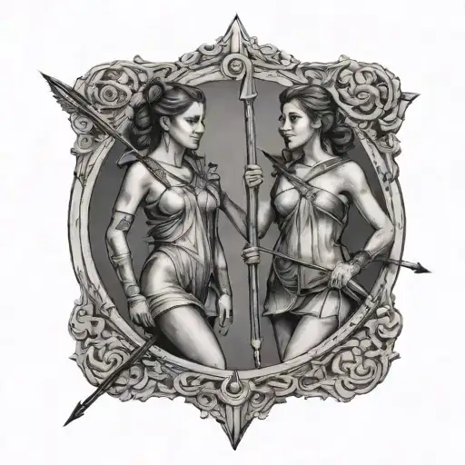Two Maidens Looking To Either Direction With An Arrow Between Them Pointing Up