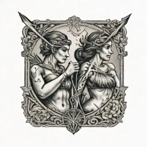 Two Sirens Looking To Either Direction With An Arrow Between Them Pointing Up